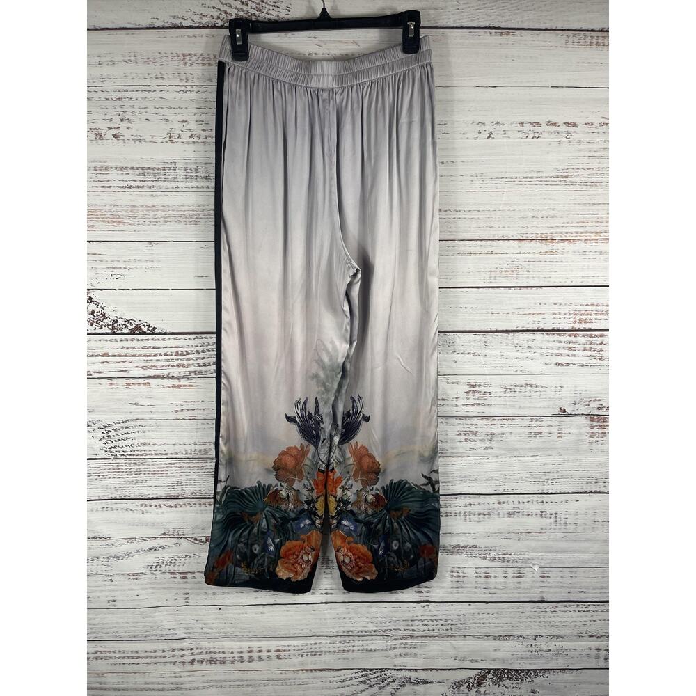Caballero Pants Womens Size Small Gray Satin Wide Leg Floral Print Elastic Waist - Picture 8 of 9